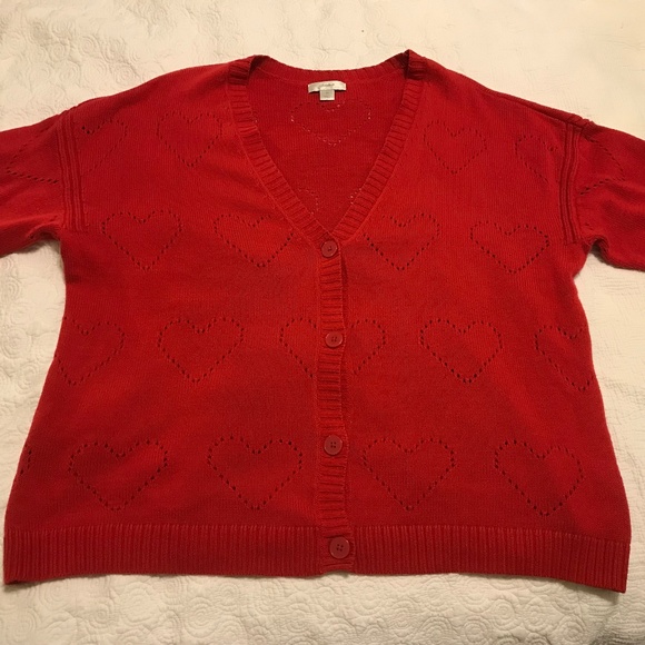 ❤C&B long sleeve v-neck buttonup red cardigan with perforated heart pattern (2X) - Picture 8 of 16